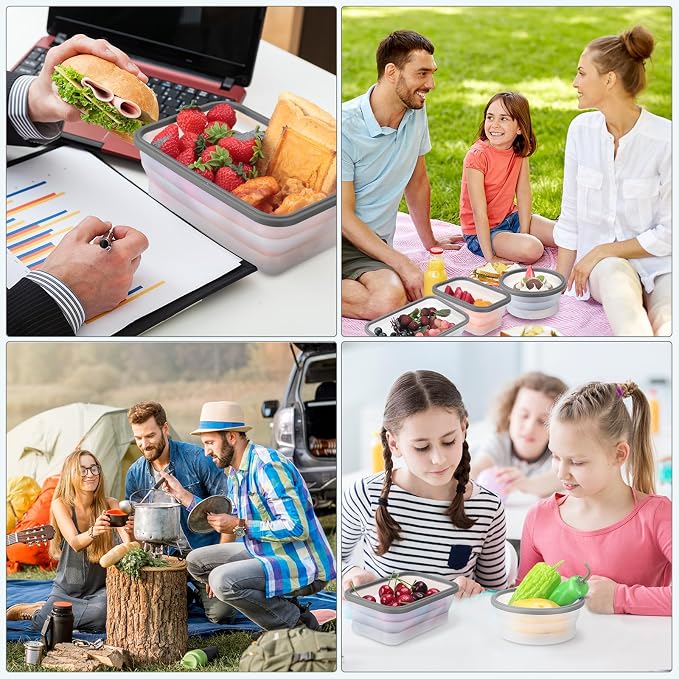 12 Silicone Collapsible Food Storage Containers Foldable Silicone Lunch Container 6 Rectangle and 6 Round Airtight Collapsible Bowl with Lid Set for Kitchen Microwave (Translucence Gray) - Image 5