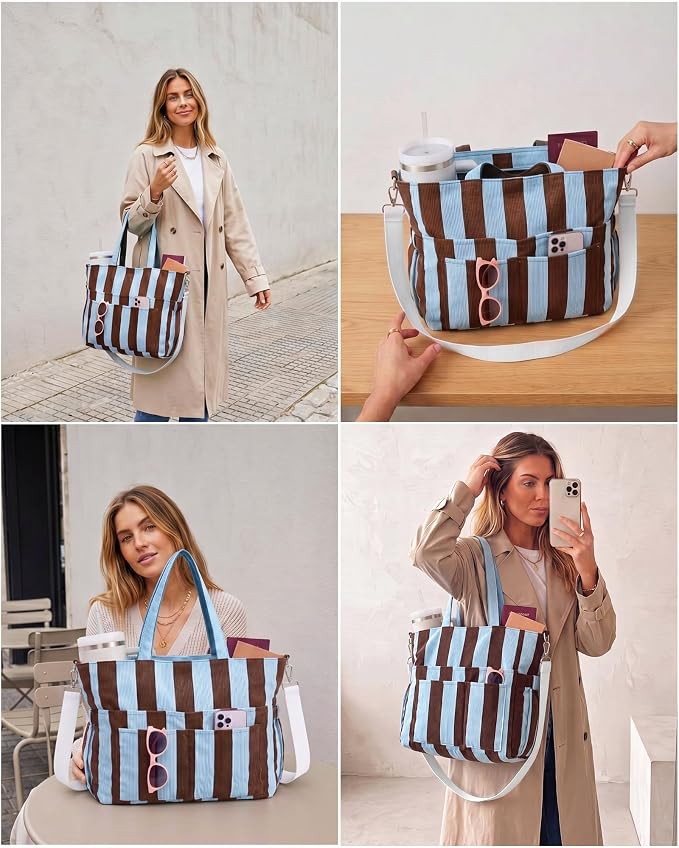 Kacctyen Striped Beach Tote Bag for Women Large Beach Foldable Tote Bag with Zipper Pockets for Travel Pool - Image 7