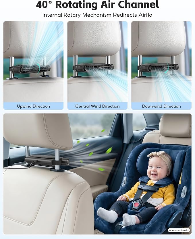 Car Seat Fan, Bladeless Dual Airflow, 3 Speed USB Powered for Car Headrest | For front & back car seats, no built-in battery, non-rechargeable, fits 4.92–6.9 in headrest posts, quiet safe cooling - Image 7