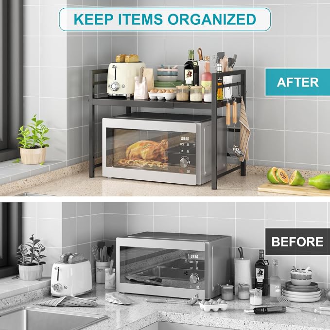 DOLALIKE Microwave Oven Rack, Expandable Microwave Stand Countertop Kitchen Utensils Tableware Storage, Carbon Steel Over Microwave Shelf Countertop with 3 Hooks (Pack of 2) - Image 5