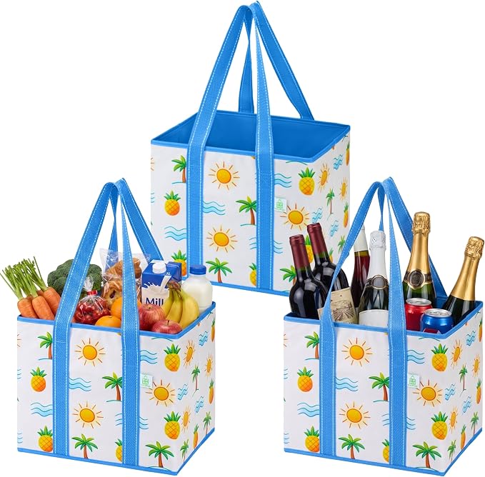 VENO 3 Pack Reusable Grocery Shopping Bags Utility Tote w/Sturdy Handles | Heavy Duty Storage Box with Hard Bottom, Foldable Picnic Basket for Groceries Shopping Cart Trunk(Tropical Island, 6 Gallon) by Veno