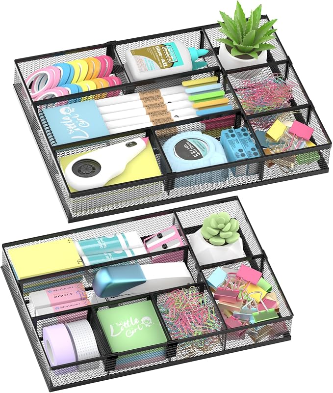 2 Pack Desk Drawer Organizer with Adjustable Dividers, Black | Metal Mesh Desk Organizers for Office Supplies, Makeup, Kitchen & Vanity by SUPEASY