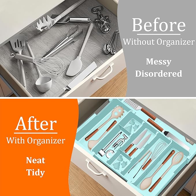 Large Utensil Drawer Organizer Expandable Silverware Organizer for Kitchen Drawer Adjustable Cooking Utensil Holder Cutlery Flatware Tray Spatula Tools Gadgets Storage Dividers Plastic Turquoise - Image 3