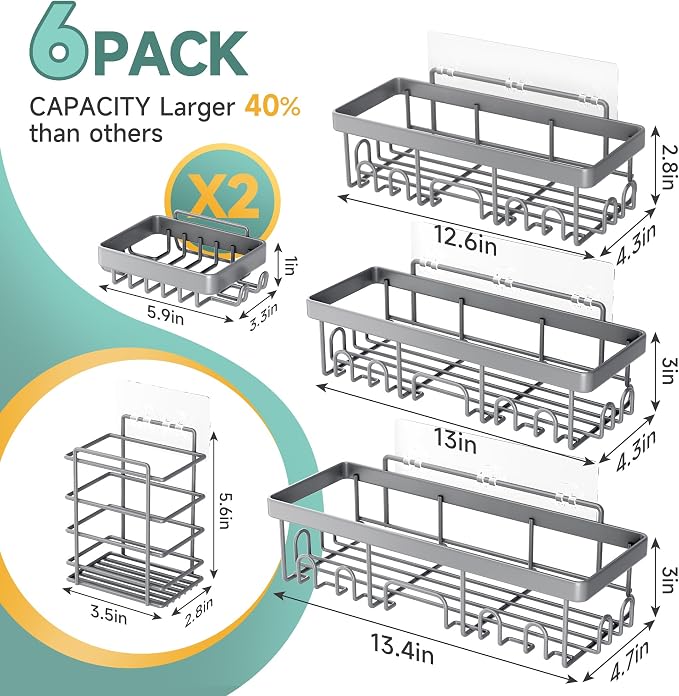 Veken 6-Pack Rustproof & Waterproof Shower Caddy, Adhesive Shelves Rack, Large Capacity Bathroom, College Dorm & Apartment Organizers, No-Drill Wall Mount Living Room & Bedroom Decor, Light Grey - Image 5