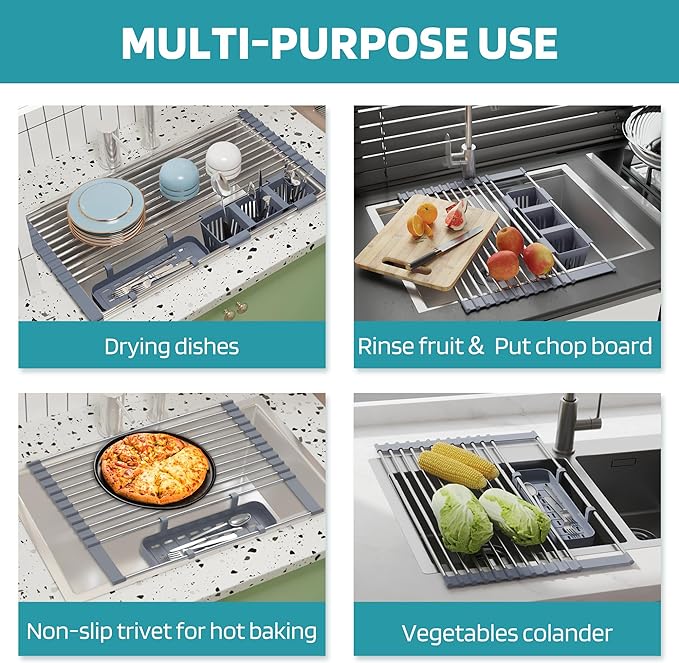 BBXTYLY Expandable Roll Up Dish Drying Rack Up to 22.8''with 2 Storage Baskets,Over The Sink Kitchen Rolling up Dish Drainer Drying Rack, Foldable,Rollable,for Kitchen Dishes(Expandable Width Size) - Image 5