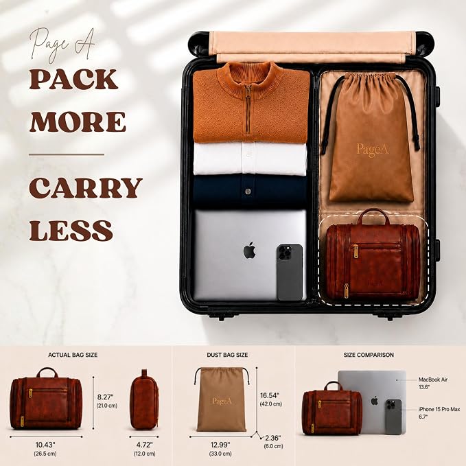 PageA Compact Travel Toiletry Bag for Men, Portable Hanging Dopp Kit | Water-Resistant PU Leather, 360° Hanging Hook, Multiple Compartments, Matching Dust Bag - Image 6