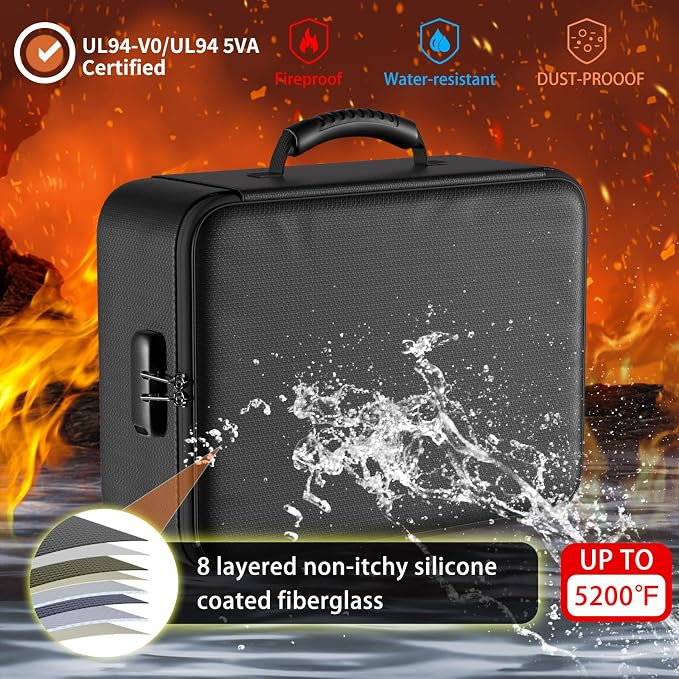ENGPOW 5200°F Fireproof Document Bag with Lock,8 Layers Heat Insulated | Upgraded File Organizer Fireproof Box,Portable Home Travel Safe Storage for Important Documents,Passport,Laptop, Black(Soft) - Image 2