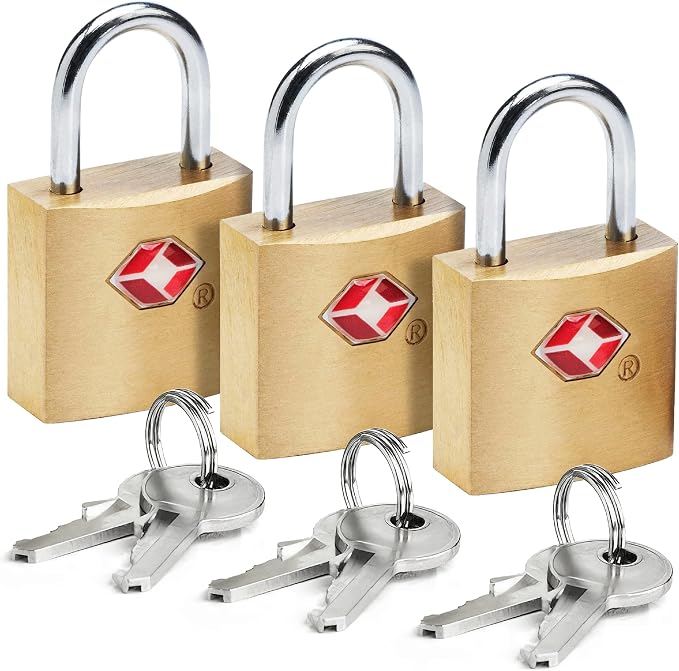 Lewis N. Clark Mini Brass Square TSA Lock + Padlock for Luggage, Suitcase, Carry On, Backpack, Laptop Bag or Purse - Perfect for Airport, Hotel, & Gym, 2 Keys Included - 3-Pack by LewisNClark