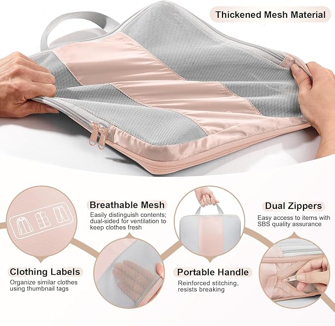 OlarHike 8 Set Compression Packing Cubes for Travel Gifts Mom Women,Airplane/Cruise/Car Travel Essentials,Compressible Expandable Space Saver Bags,Garment Bags with Over 1000 pcs Mesh Holes(Beige) - Image 6