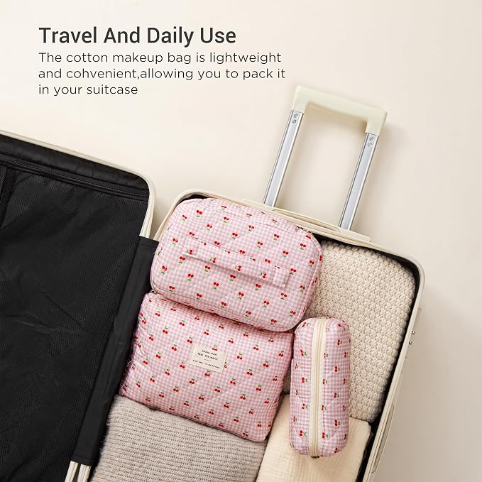 HBselect Quilted Makeup Bag, 3Pcs Cotton Large Travel Makeup Bags Organizer | Cute Floral Make up Bag Cosmetic Bag Toiletry Bag for Women Girls, Makeup Pouch for Skincare, Brushes & Travel Essentials - Image 4