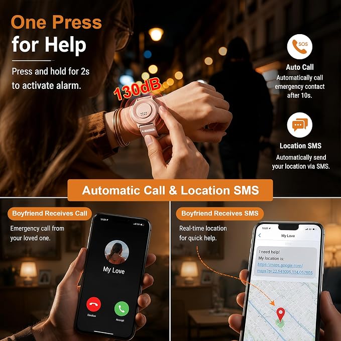 Personal Alarm with 130dB Siren, Rechargeable Wearable SOS Safety Device One-Key Panic Button Smart Emergency Alarm Sends Calls and Texts to Your Phone for Women Elderly Kids (Rose Gold) - Image 4