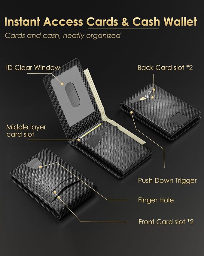 2026 Upgraded Minimalist Wallet for Men - RFID Blocking Credit Card Holder Case Leather Pop Up Aluminum Wallet with Cash Slot, Front Pocket ID Window Gift Boxed (Carbon Fiber - with Airtag Holder) - Image 4