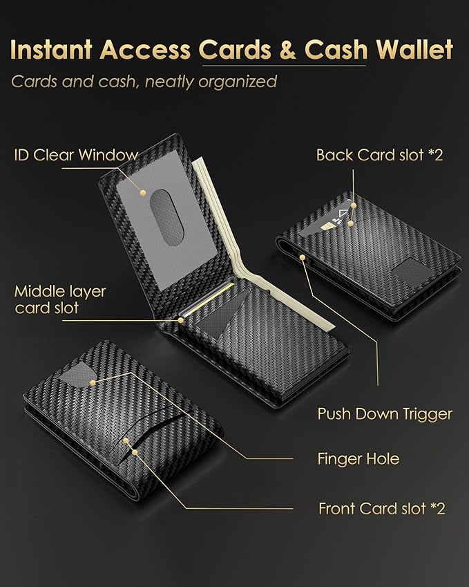 2026 Wallet for Men - RFID Blocking [Functional & Practical] Bifold Slim Minimalist Credit Card Holder Pop Up Wallet Metal Case with Cash Slot, Front Pocket with ID Window, Gift Boxed (Carbon Fiber) - Image 5