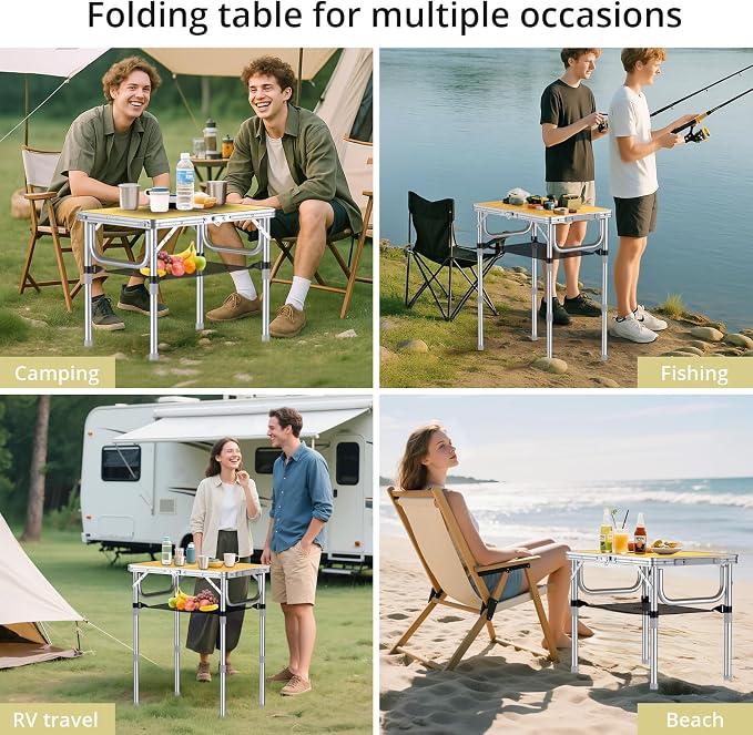 Anbte 2ft Camping Folding Table, 3 Adjustable Heights High 27.5", 24" x 16" | Aluminum Small Folding Table with Storage Net, Portable, For Outdoor Indoor Picnic Beach BBQ RV Travel Camp, Light Oak Grain - Image 6