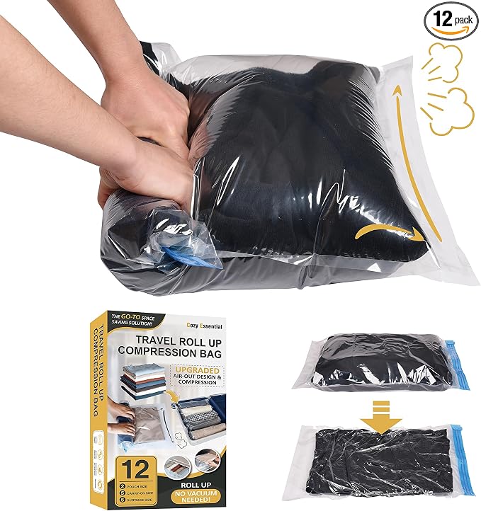 Cozy Essential Compression Bags for Travel - Travel Essentials - 12 Pack Space Saver Plastic Packaging Bags - No Vacuum Needed - Compression Packing Bags for Cruise Accessories by CozyEssential