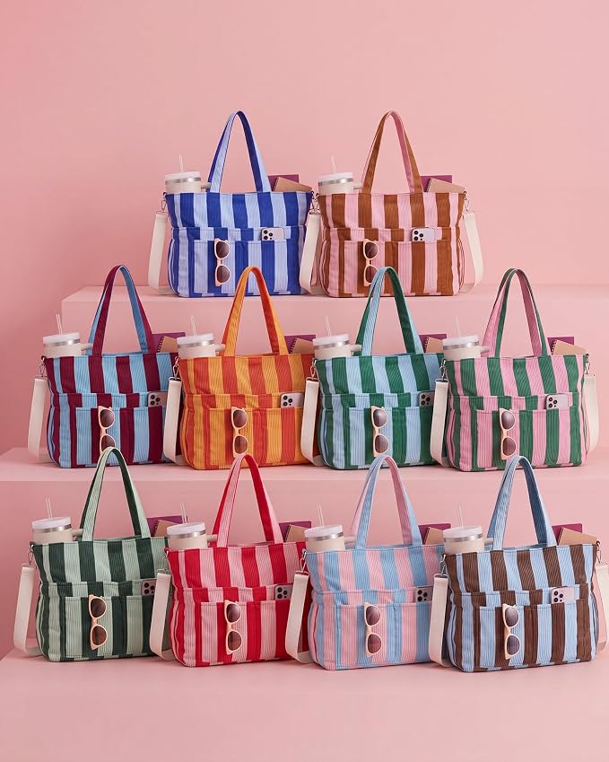 Kacctyen Striped Beach Tote Bag for Women Large Beach Foldable Tote Bag with Zipper Pockets for Travel Pool - Image 8