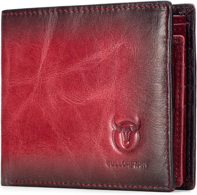 BULLCAPTAIN RFID Wallets for Men,Genuine Leather Wallet QB-05（Crimson ） | Slim,Bifold,Front Pocket Wallet, 2 ID Windows,11 Card Slots,RFID Blocking TechnologyGift Choice by Bullcaptain