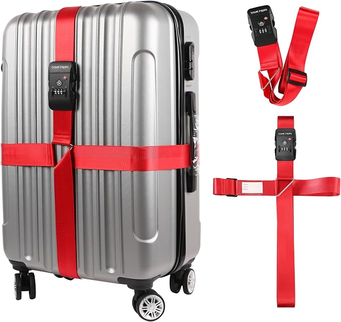 Travel Inspira TSA Accepted Long Luggage Cross Straps for Suitcases | Fits 20-28 Inch Bags; TSA-Approved Lock with Tag; Heavy-Duty Nylon; Adjustable Length; High Visibility Red; Anti-Burst by TravelInspira