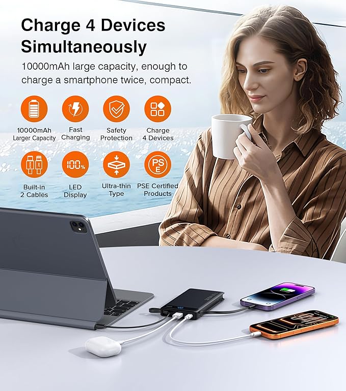 10000mAh Power Bank Built-in 2 Cables, 22.5W PD Slim Fast Portable Charger | USB C Battery Pack, Travel Essentials PD Fast Charging Powerbank Compatible with iPhone 17 16 Plus Pro Samsung iPad(1 Pack) - Image 3
