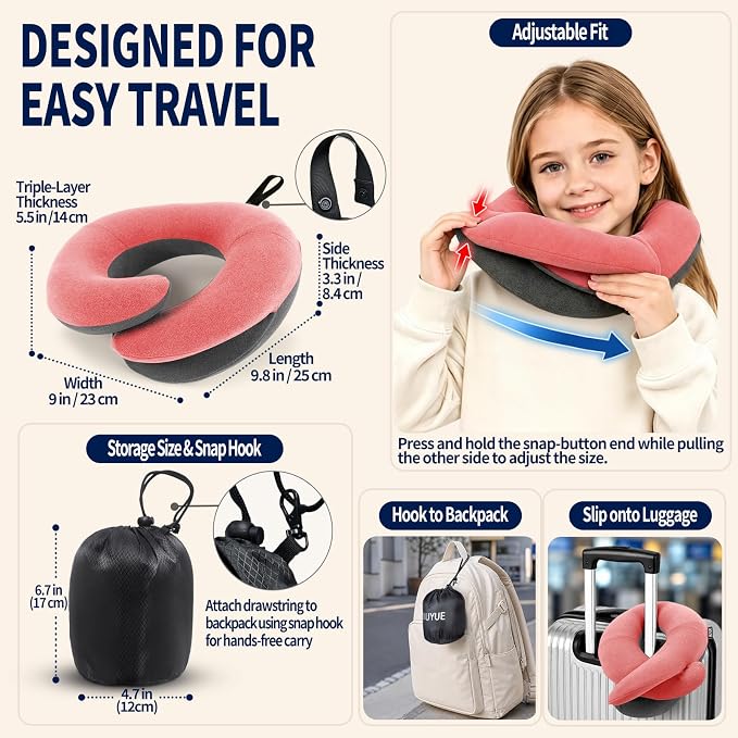 Kids Travel Pillows for Airplane, Memory Foam 360° Head Support Sleeping Essentials for Girls Long Flight, Skin-Friendly Soft Neck Pillow for Traveling in Car Seat, (Small, Pink Grey, 40-90 lbs) - Image 5