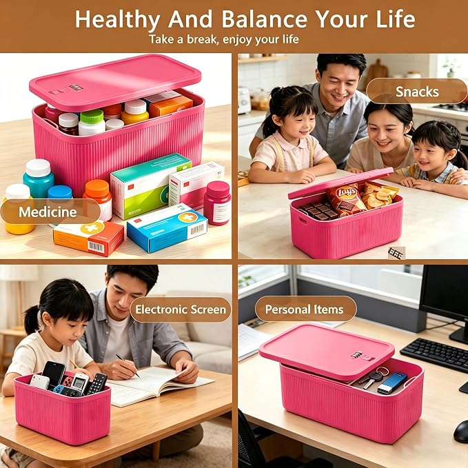 Lockable Storage Box, Large Lock Box with Combination Code – 2 inch Taller Version for Medication Safe, Phone Jail, Food Snacks, First Aid Kits, Refrigerator, Office, School, Home,Pink - Image 7