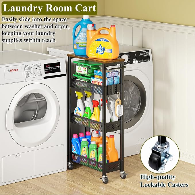 OKZEST 4-Tier Slim Rolling Storage Cart for Kitchen, Laundry Room, Bathroom | Upgraded metal hub casters, Narrow utility cart for small space/gaps, Premium wood top & metal mesh shelf, with handle & hook - Image 4