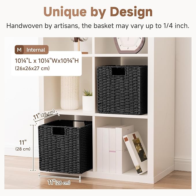 StorageWorks 11 inch Cube Storage Bins, Foldable Wicker Baskets, Black | 2-Pack, Handwoven Storage Cubes with Handles, Paper Rope Baskets for Organizing, Cube Organizer Bins, 11x11 Cube Storage Bins - Image 3