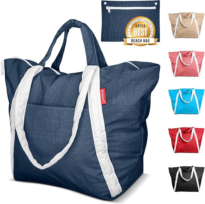 Bodysurf Beach Bag Waterproof Sandproof, Foldable Packable Travel Zip Tote | Pool, boat and swim bag for men and women, XL and medium, 6 colors, zip-top, front pocket, inner wet pouch, recycled nylon by Bodysurf