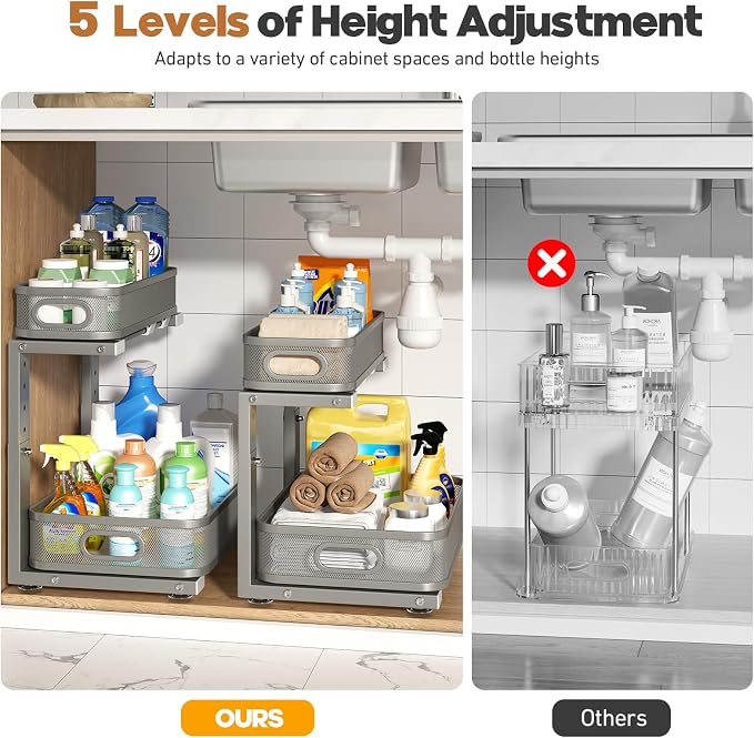 2 Pack 17.3IN-Depth Under Sink Organizer with Smooth Cylindrical Rail,2-Tier Pull Out Multi-Purpose Cabinet Storage for Bathroom&Kitchen,Height Adjustable,Rust-Resistant Coating-Gun Gray - Image 8