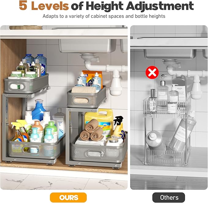 2 Pack 15.7IN-Depth Under Sink Organizer With Smooth Cylindrical Rail,2-Tier Pull Out Multi-Purpose Cabinet Storage for Bathroom&Kitchen,Height Adjustable,Rust-resistant Coating-Gun Gray - Image 8