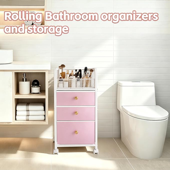 Rolling Makeup Vanity Cart Makeup Organizer with Drawers for Girls | Vanity Cart Bathroom Storage Cart Cosmetic Vanity Display Cases Holder for Nail Polish Brush Hair Tool - Image 5