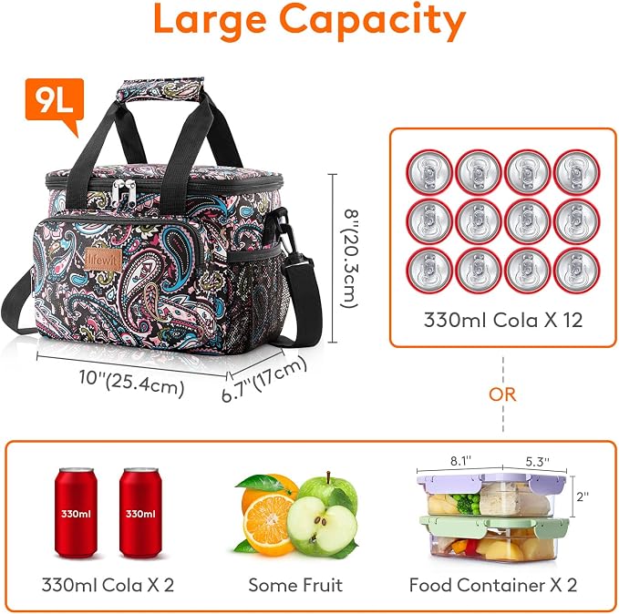 Lifewit Medium Lunch Bag, Insulated Lunch Box, Soft Cooler Cooling Tote for Adult Men Women, Paisley 12-Can (9L) - Image 4