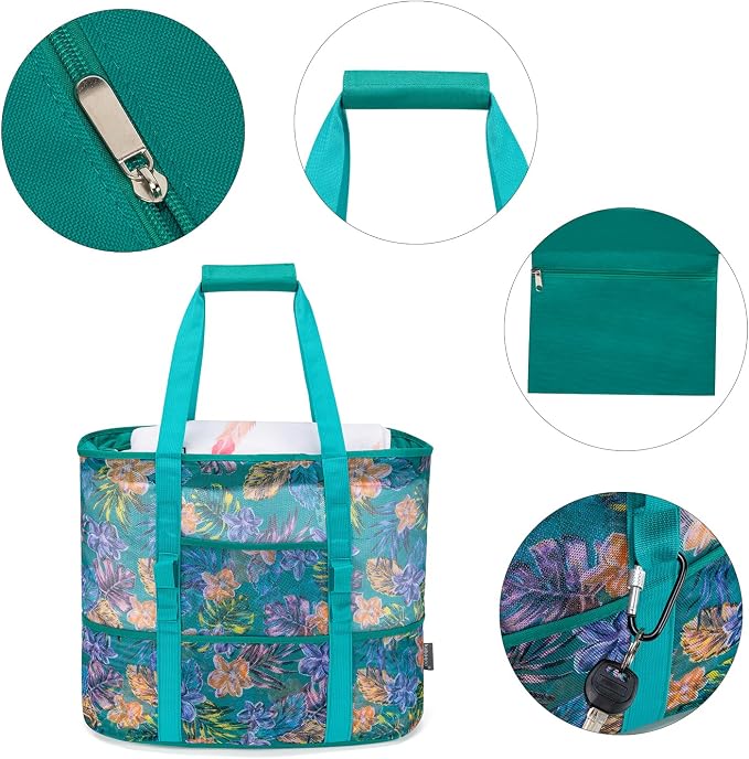 KABAQOO Mesh Beach Bag, Extra Large Beach Bags with 9 Pockets & Zipper Waterproof Lightweight Beach Tote for Beach/Pool Trip - Image 3