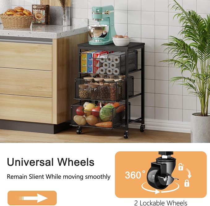 Pantry Organizer and Storage Cart, 3-Tier Kitchen Storage Cart with Drawer, Fruit Vegetable Storage Cart with Wheels, Wooden Top Metal Wire Kitchen Organizer Rack Stand for Food Snack Onion Potato - Image 2