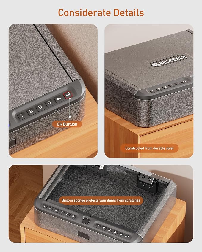BILLCONCH Gun Safe for Handgun with Fingerprint, App, 0–9 Numeric Keypad | Smart Pistol Safe with 4 Quick-Access Methods, Built-in LED Light, Ideal Steel Biometric Handgun Safe for Nightstand and Home - Image 8