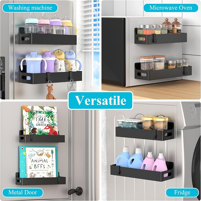 2 Pack Magnetic Spice Rack for Refrigerator Upgrade Black | Magnetic Cup Holder for Fridge, Magnetic Fridge Shelf with Hooks, Kids Sippy Cup Holder Kitchen - Image 7