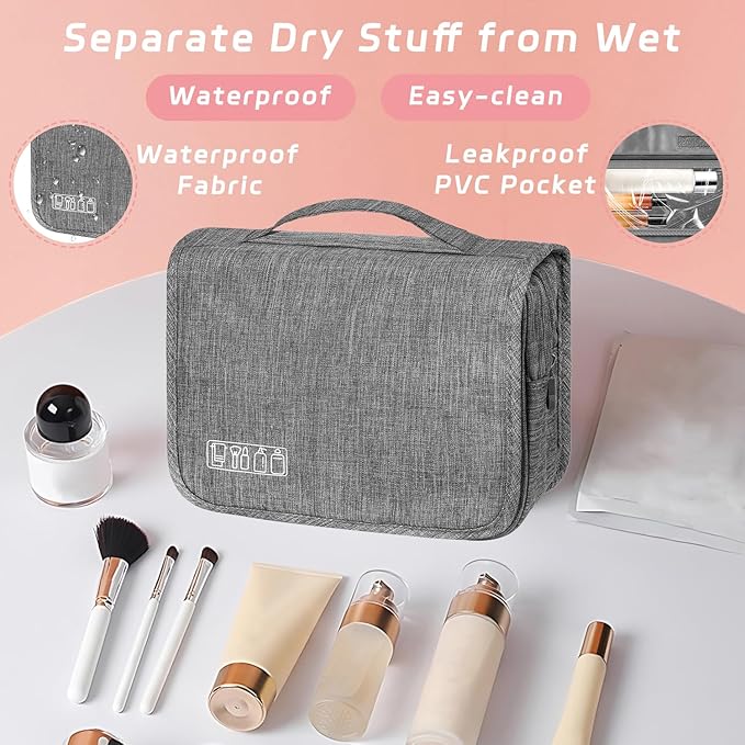 Toiletry Bag Travel Bag with Hanging Hook, Waterproof Shower Bathroom Hanging Toiletry Bag for Men Women,Small Multifunctional Makeup Cosmetic Bag,Portable Toiletries Bag Travel Organizer (Grey) | Small Multifunctional Makeup Cosmetic Bag,Waterproof Sh... - Image 5