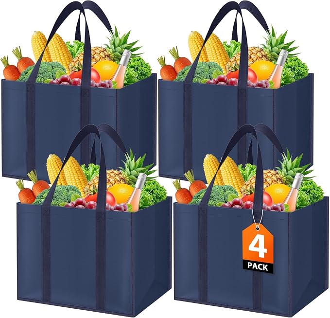 WISELIFE Reusable Grocery Bags, Foldable, Lasting Use, 35L, 4 Pack, Blue | Large Shopping Bags with Reinforced Stitching, Water-Resistant Grocery Totes for Kitchen, Market, Car Trunk, Picnic by WiseLife