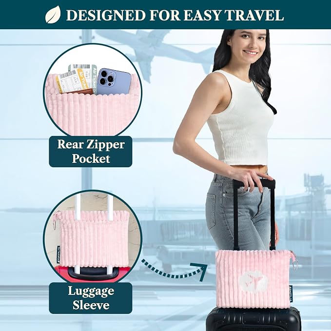 PAVILIA Travel Blanket Pillow, Soft Ribbed Fleece Airplane Blanket, Pink | 65x40, Compact Packable Plane Throw with Bag, Luggage Strap and Back Pocket, Cozy Flight Essentials Travelers Camping Gift - Image 3
