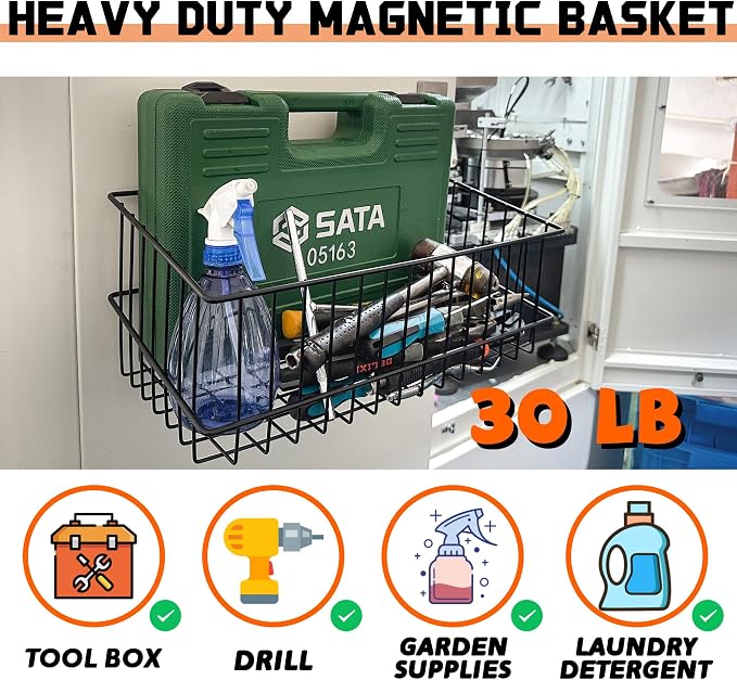 ULIBERMAGNET Magnetic Baskets, Large Capacity Metal Wire Mesh Basket Holder Organizer for Sundry Tool Storage, Magnetic Shelf for Garage, Laundry, Kitchen, Workshop, Cabinet(2 Pack) - Image 7