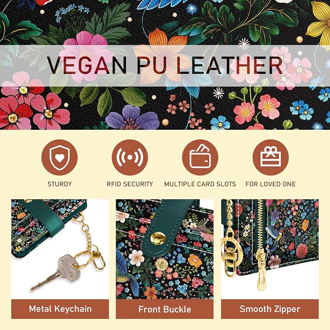 Jogjam Bird Floral Small Women Wallet, Rfid Slim Compact Credit Card Holder | PU Leather Bifold Cash Zipper Coin Pocket ID Window, for Female Ladies Teen Girls Girly Gifts - Image 6