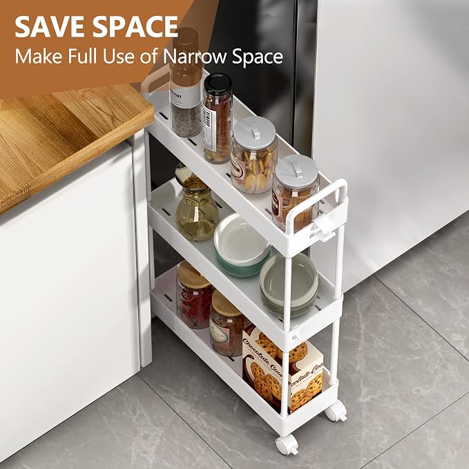 SOLEJAZZ Slim Rolling Storage Cart Skinny Bathroom Organizer, 3 Tier, White | Thin utility cart with wheels for bathroom, laundry room, bedside, kitchen, dorm, office, next to fridge, small narrow places - Image 4