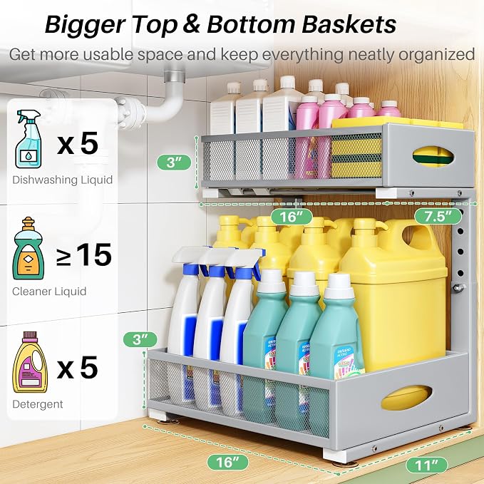 Under Sink Organizer, 1-Pack Pull Out Cabinet Organizer 2 Tier Metal Slide Out Storage Shelf Rack, L-Shaped Adjustable Height,Mesh Sliding Drawer for Kitchen, Bathroom, Laundry, Pantry, Grey, XL - Image 3