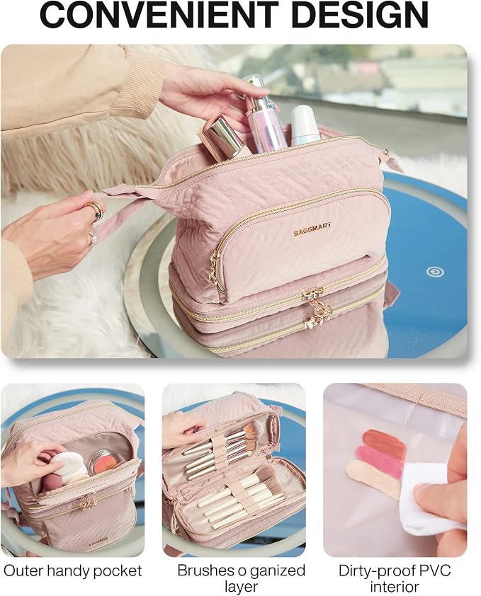BAGSMART Travel Makeup Bag, Cosmetic Bag Make Up Organizer Case, Dorm Room Essentials Large Wide-open Pouch Women Travel Essentials Double Layers Purse for Toiletries Accessories Brushes Pink - Image 3