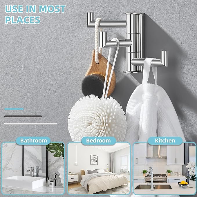 Angle Simple Swivel Towel Hook 3 Arms, Robe Coat Wall Hook, Polished Chrome | Rustproof SUS304 Stainless Steel Hand Towel Holder, Foldable Space Saver for Bathroom Kitchen Closet Entryway, Screws Mounted - Image 8