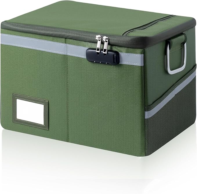 Fireproof Waterproof Document Box with Lock Collapsible Portable File Organizer Hard Shell Storage for Hanging Letter Legal Folders Home Office Safe Green 15.7x11.8x10.2in by Ekunivers