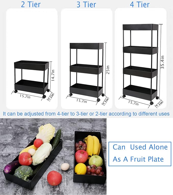 4 Tier Slim Rolling Utility Kitchen Cart Bathroom Organizer for Narrow Places Multipurpose Storage Shelve Mobile Trolley for Bedroom Laundry Office Restaurant Garage Pantry (Black) - Image 5