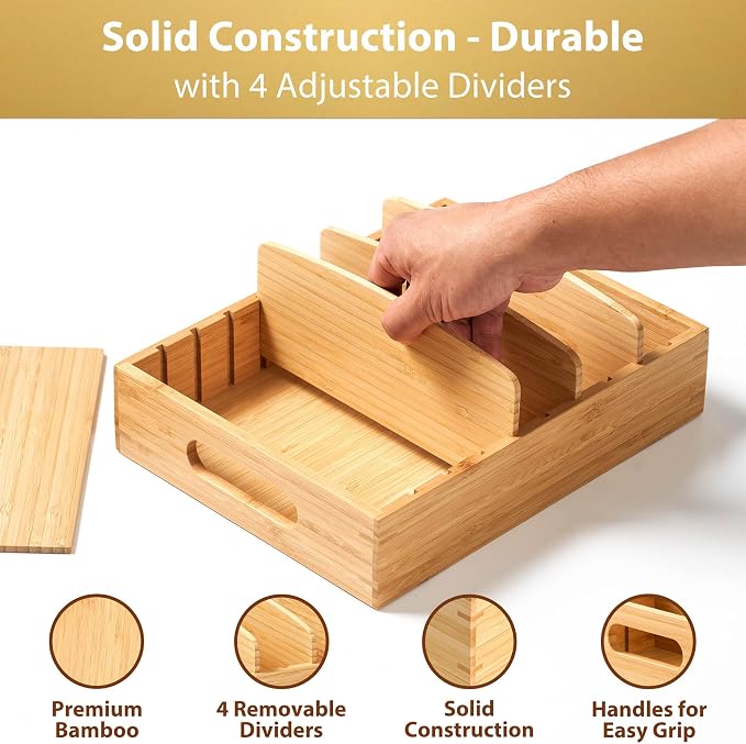 Bamboo Food Container Lid Organizer for Kitchen Cabinet and Drawer | Adjustable Slots - Premium Bamboo, Pretty Color - Sturdy Versatile Caddy for Snack, Spice - Anti-Skid Silicone Pads - Image 5
