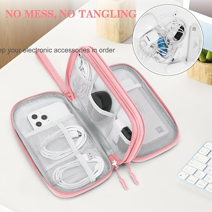 FYY Electronic Organizer, Travel Tech Pouch Bag, Medium, Pink | Wrist Strap, Waterproof, Double Layers Portable Electronics Travel Carrying Case for Cord, Charger, Daily Business Trips Use - Image 5