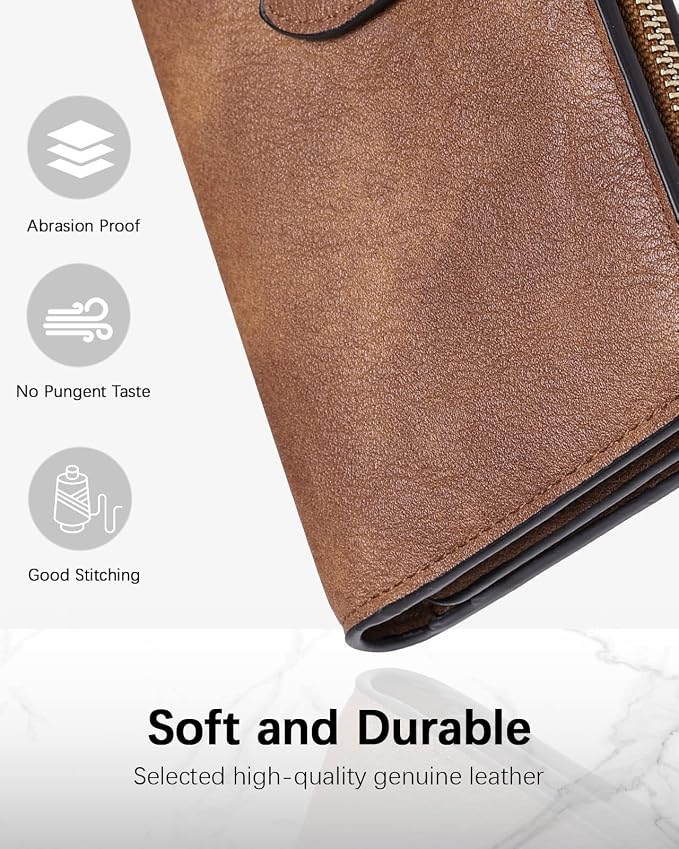 BOSTANTEN Womens Leather Wallet RFID Large Capacity Credit Card Holder | 4 ID Windows, 16 Card Slots, Zipper Coin Pocket, Clutch Wallet, Long Bifold, Ladies Gifts, Grey Brown - Image 2